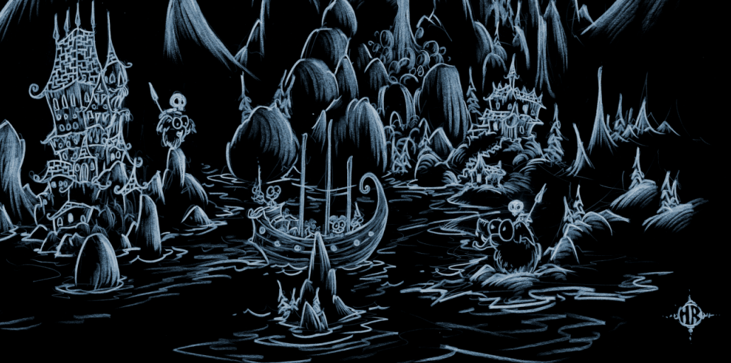 screen background of a halloween scene of pirate monkeys sailing into a haunted cove with skeletons and woolly mammoths