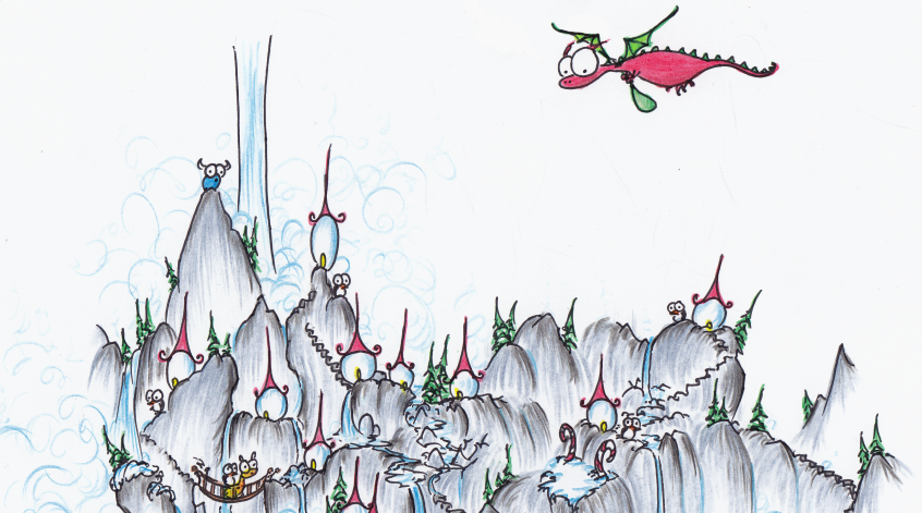 screen background of a christmas dragon flying over a mountain village of penguins with waterfalls