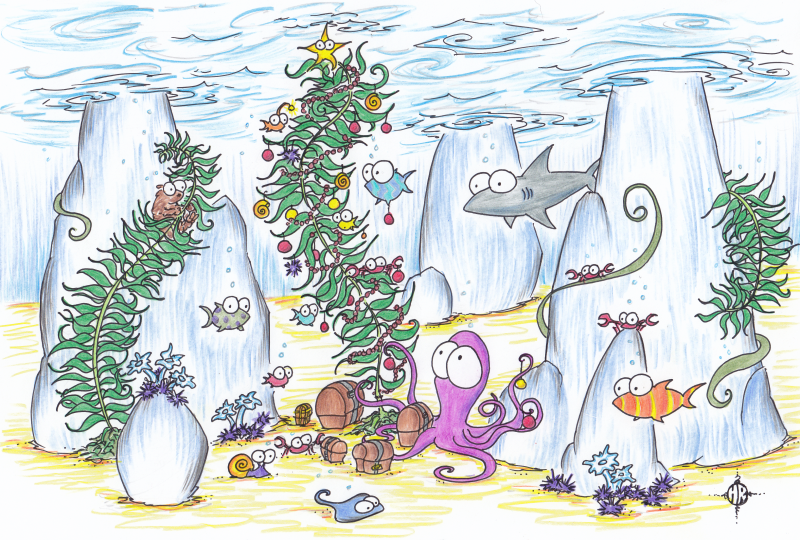 screen background of a christmas tree made of kelp, with octopus, fish, otter, shark, crabs, and other assorted underwater creatures