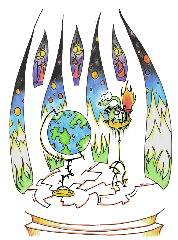 a cartoon drawing of an alligator looking at a globe with stained glass windows behind him