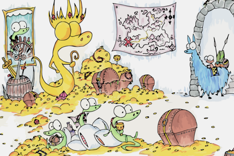 screen background of a monkey riding a llama and finding a group of alligators in a pile of gold and treasure with a statue and a treasure map
