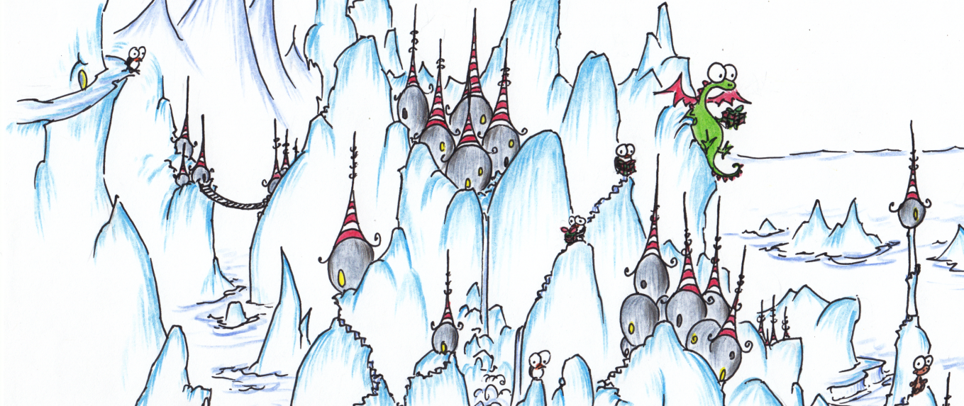 illustration of christmas penguins and a christmas dragon and a walrus and a bluebison in an icy land with a lot of presents