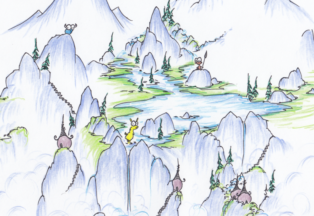 screen background illustration of a lake in the mountains with a yellow llama and a monkey and a blue bison