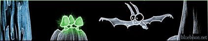 a cartoon bat in a cave next to some glowing green mushrooms and a waterfall