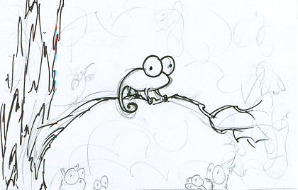 a cartoon sketch of a chameleon in a forest