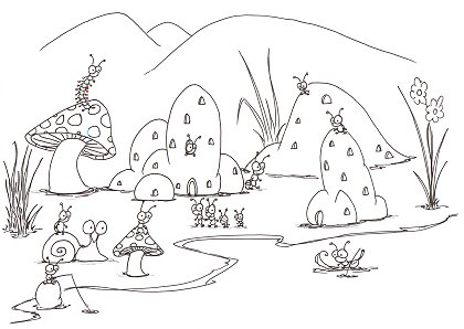 printable coloring page of a small bug town near a puddle