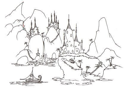 printable coloring page of a monkey sailing into an alligator village