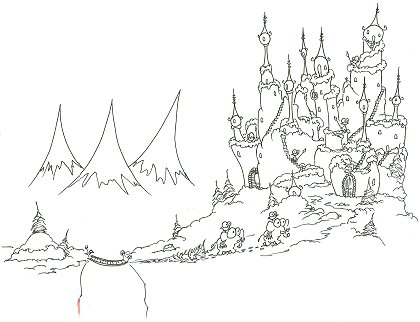 printable coloring page of a castle in the snow with monkeys bringing a christmas tree while riding elephants