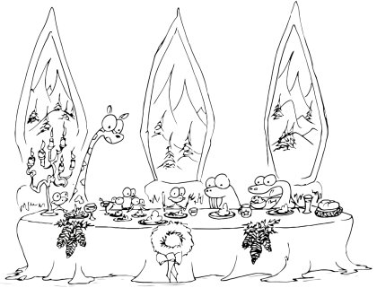 printable coloring page of monkeys, a giraffe, a walrus, an alligator, and some penguins having a holiday dinner