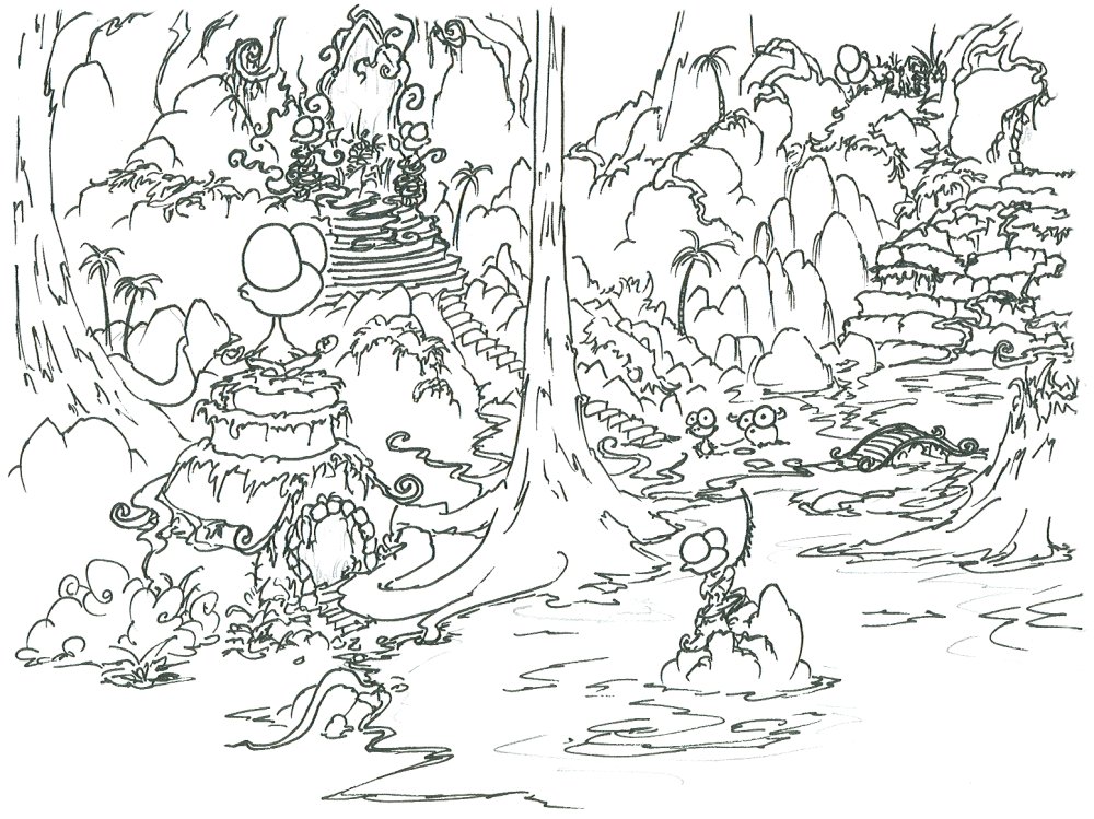 coloring pages: a monkey and a bison finding an ancient overgrown city in 