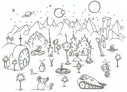 printable coloring page of some aliens on an alien planet