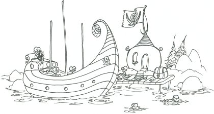 printable coloring page of some monkey pirates loading a treasure chest, also with a sea otter and a fish watching