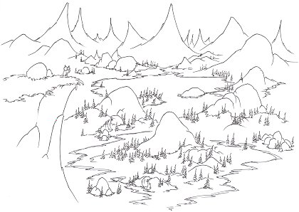 printable coloring page of a yellow bellied marmot looking out over Yosemite alpine meadows and a lake