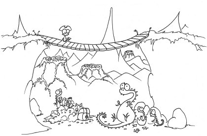 printable coloring page of a monkey pirate with a map crossing a bridge with dragons below and volcanoes nearby