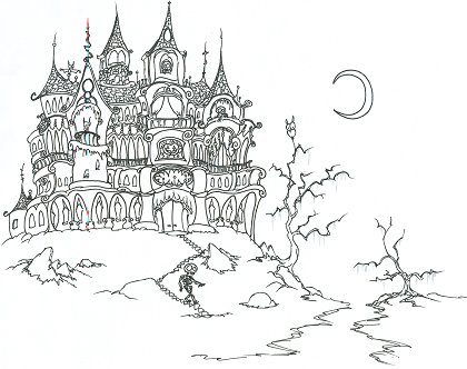 print a coloring page of a halloween haunted mansion with skeletons, bats, and an owl living in it