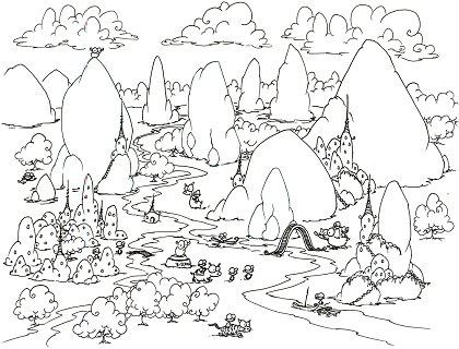 printable coloring page for children of a mountainous region with monkeys in boats, riding elephants, riding tigers, sleeping under trees, and a bison standing on top of a mountain