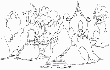 printable coloring page for kids of a village in rocks with monkeys