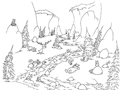 printable coloring page of a yosemite valley with bears swimming in the river, and owls, a falcon, and deer watching