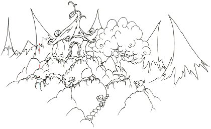 printable coloring page of monkeys in a house at the top of some mountains
