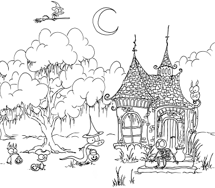printable coloring page for halloween of a skeleton in a haunted house, a witch alligator, a monkey pirate, a kiwi princess, and a bat