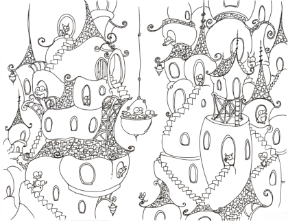 coloring page printable of a monkey, alligator, and wiener dog in a bucket on a rope in a bluebison city