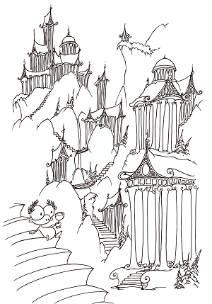 coloring page of a monkey sitting on some steps looking at a greek landscape