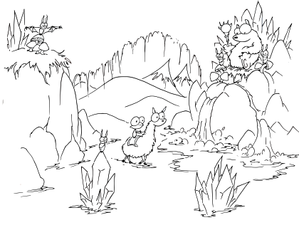 a free coloring page of a cartoon monkey riding a llama into a bear's cave full of crystals and bats and a waterfall