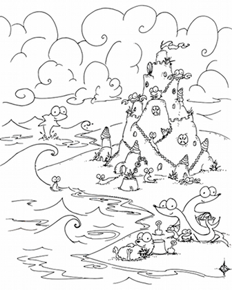 a free coloring page of a beach with an otter, seals, crabs, sea slugs, urchins, and sand dollars on a sand castle