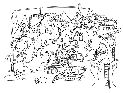 a free coloring page of christmas penguins and monkeys working in a factory making christmas presents