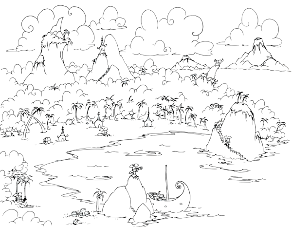 a free coloring page of a pirate cove with monkey pirates and volcanoes
