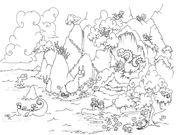 a free coloring page of adragon in a cave with treasure and baby dragons and a sloth and bunnies and a llama and mushrooms and butterflies and some other stuff