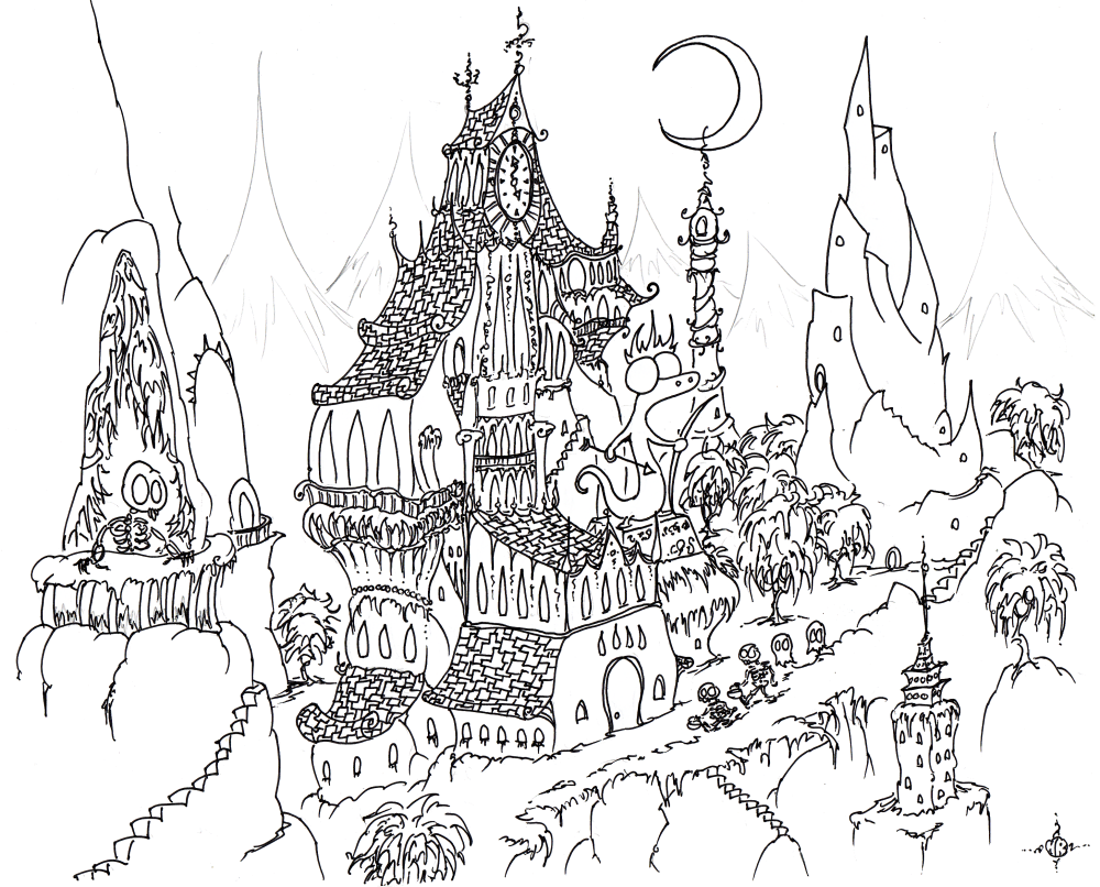 a free coloring page of a haunted halloween mansion in a weird haunted city with skeletons