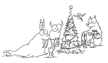 a free coloring page of a walrus, bison, monkey, rabbits, bird, and a bear decorating a christmas tree
