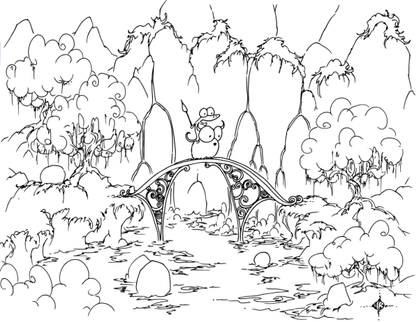 a free coloring page of an alligator riding a bluebison across a bridge in front of waterfalls