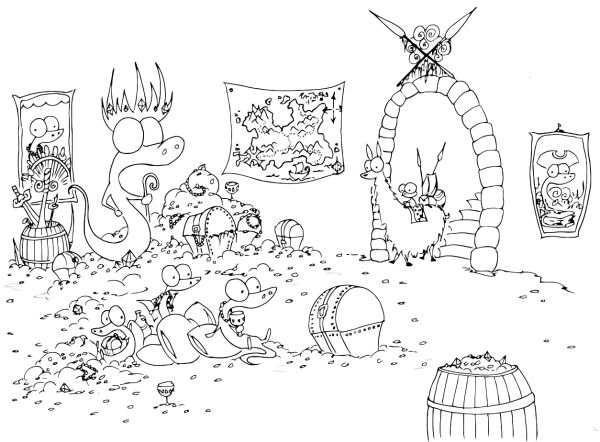 free printable coloring page of a monkey on a llama finding a group of pirate alligators in a room full of treasure chests and gold