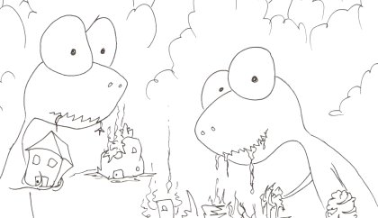 printable coloring book of a two tyrannosauruses eating some houses