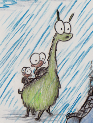 sketch of a monkey riding a green llama in the rain