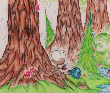 sketch of a monkey getting rained on in a forest from a new upcoming story from Hayes Roberts, bluebison