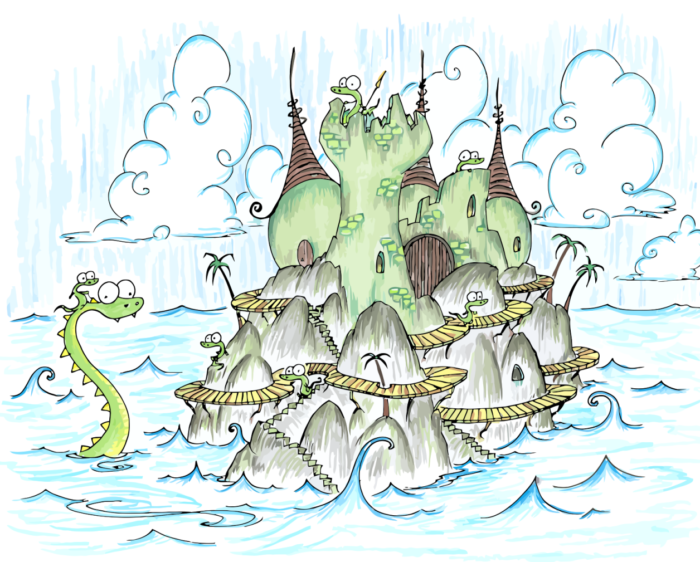 alligator castle in the sea, an alligator riding a sea monster, palm trees, and big waves