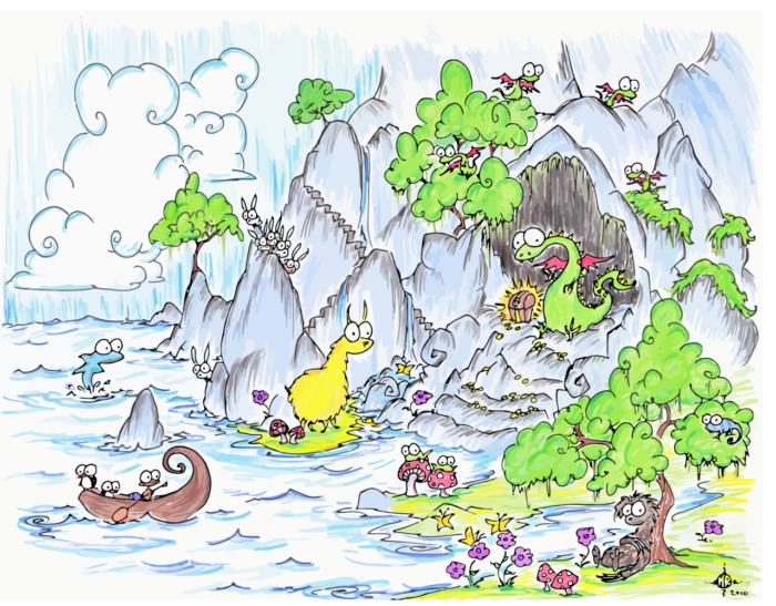 dragon in a cave with treasure near a sloth, a canoe full of penguins and monkeys, frogs on mushrooms, baby dragons, a blue iguana, a dolphin, and a bunch of rabbits on a cliff over the sea