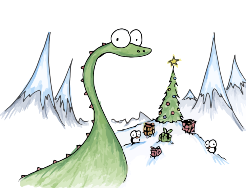 dinosaur and penguins with christmas tree