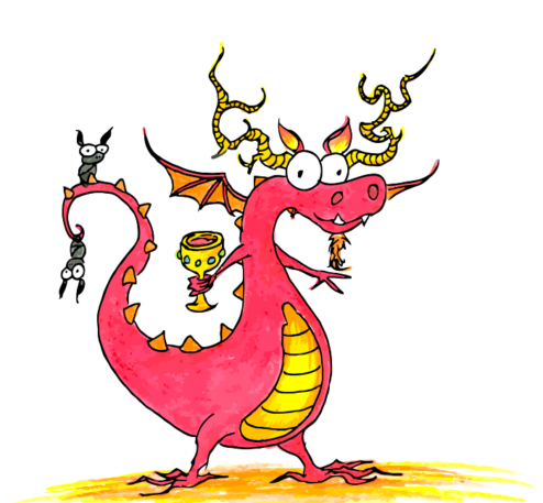 red dragon with antlers and a golden cup and bats on his tail