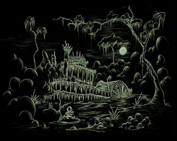 skeleton reading a book near an old sunken steamboat in a swamp with the full moon