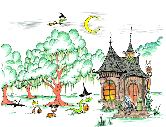 trick or treating bat, kiwi, monkey, and alligator at a skeleton's house, also an alligator flying on a broomstick