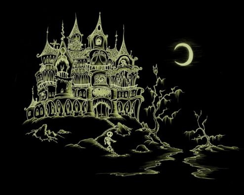 a haunted house with skeletons and bats