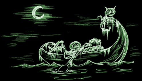 a skeleton in a canoe at night, with a skeleton cat