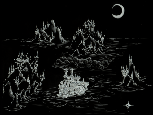 skeleton on a steamboat at sea, skeletons on islands at night