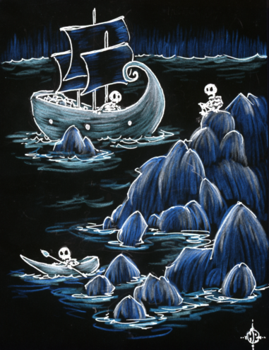 skeletons sailing into a rocky cove at night in boats