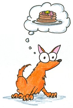 a cartoon dog thinking about pancakes