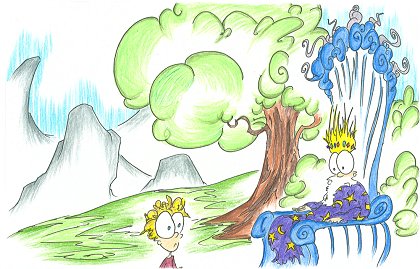 a cartoon wizard king and a boy